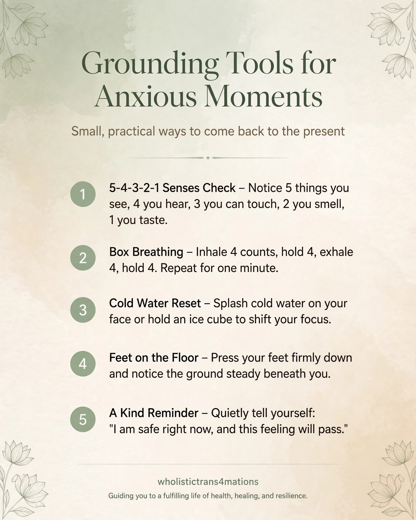 Grounding Tools for Anxious Moments infographic with five practices: a 5-4-3-2-1 senses check, box breathing, a cold water reset, feet on the floor, and a kind reminder.
