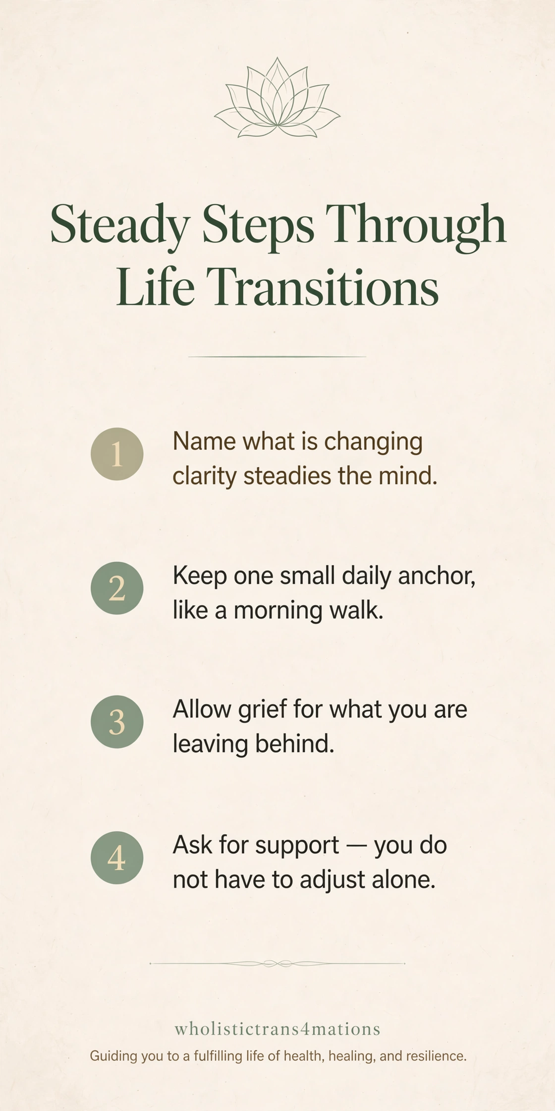 Steady Steps Through Life Transitions infographic with four practices: name what is changing, keep one small daily anchor, allow grief for what you are leaving behind, and ask for support.