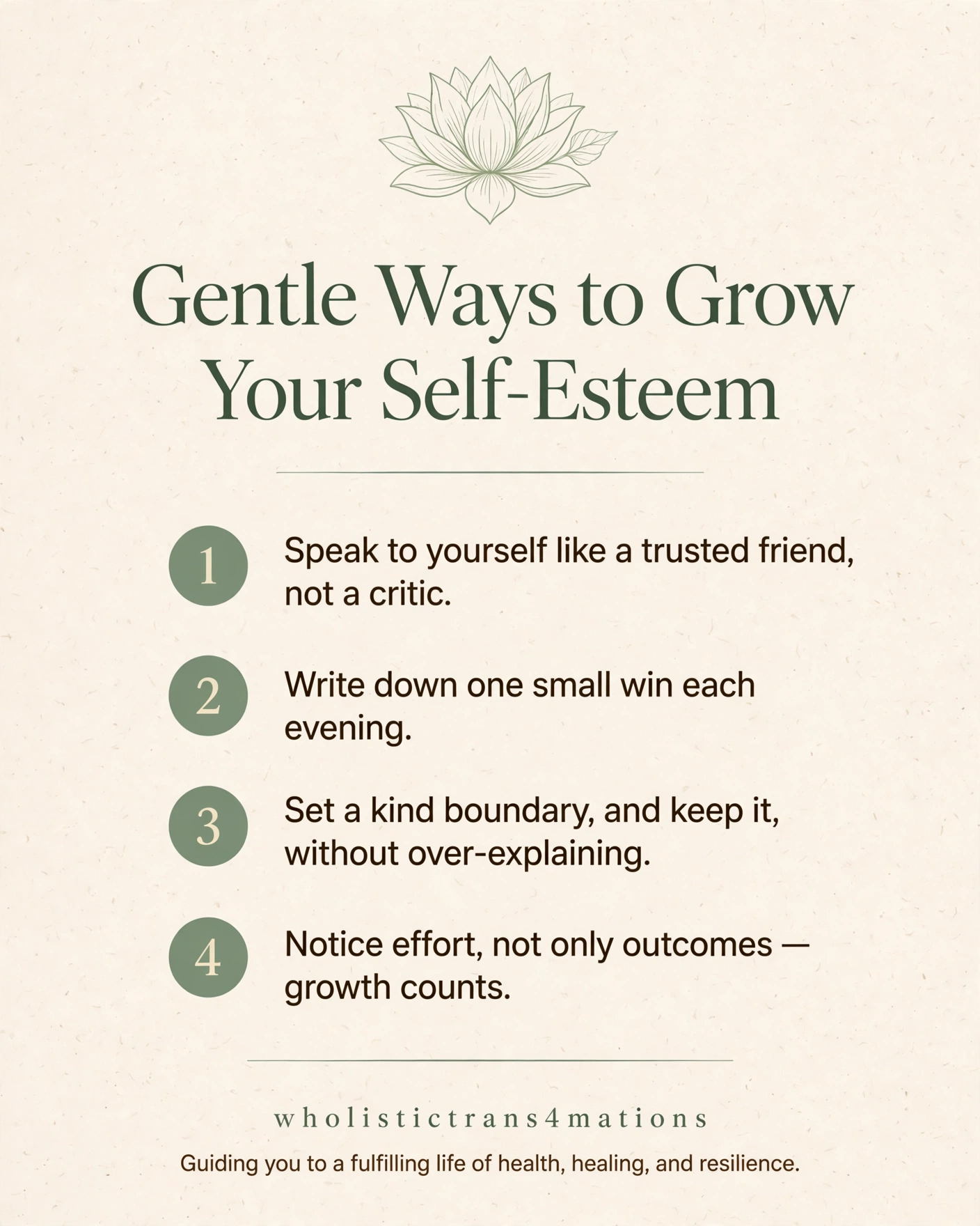 Gentle Ways to Grow Your Self-Esteem infographic with four practices: speak to yourself like a trusted friend, write down one small win, set and keep a kind boundary, and notice effort as well as outcomes.