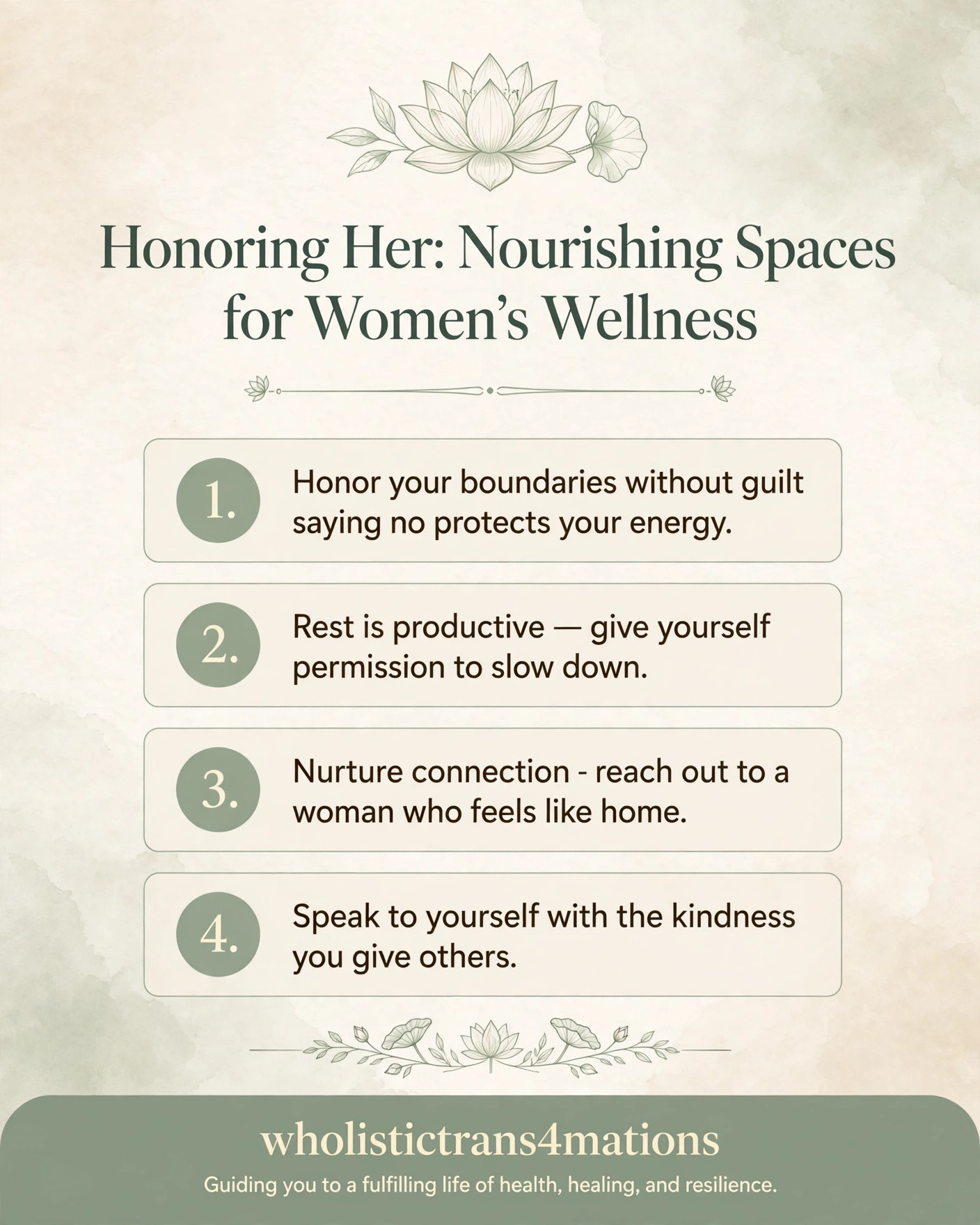 Honoring Her: Nourishing Spaces for Women’s Wellness infographic with four practices: honor your boundaries without guilt, give yourself permission to slow down, nurture connection with a woman who feels like home, and speak to yourself with kindness.