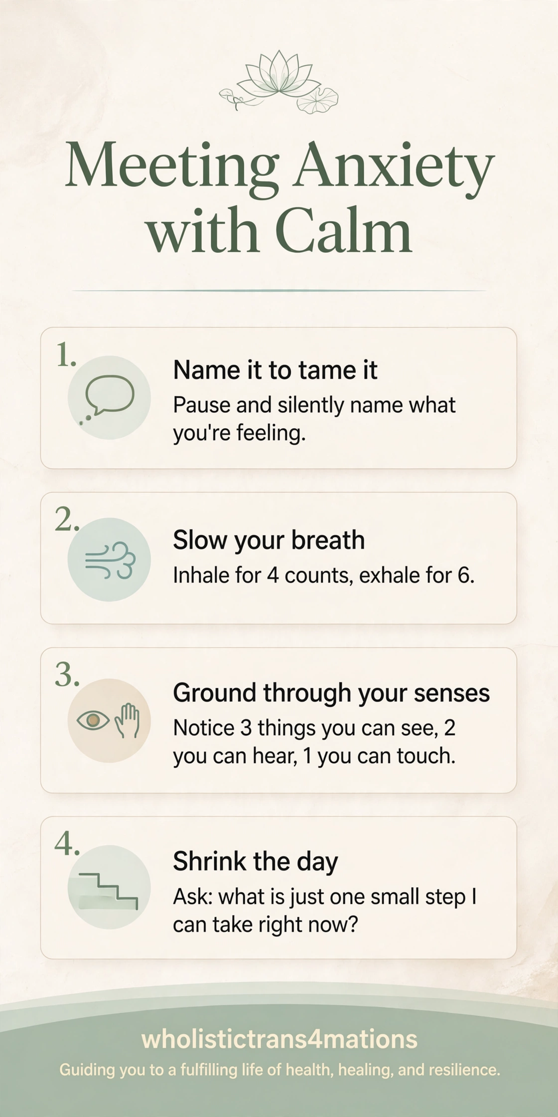 Meeting Anxiety with Calm infographic with four tools: name what you are feeling, slow your breath, ground through your senses, and shrink the day to one small step.